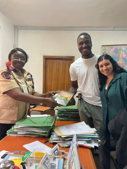 Pr. Joseph Ante and Pr. Jorgina Ante with an FRSC officer at headquarters, Nigeria 2023